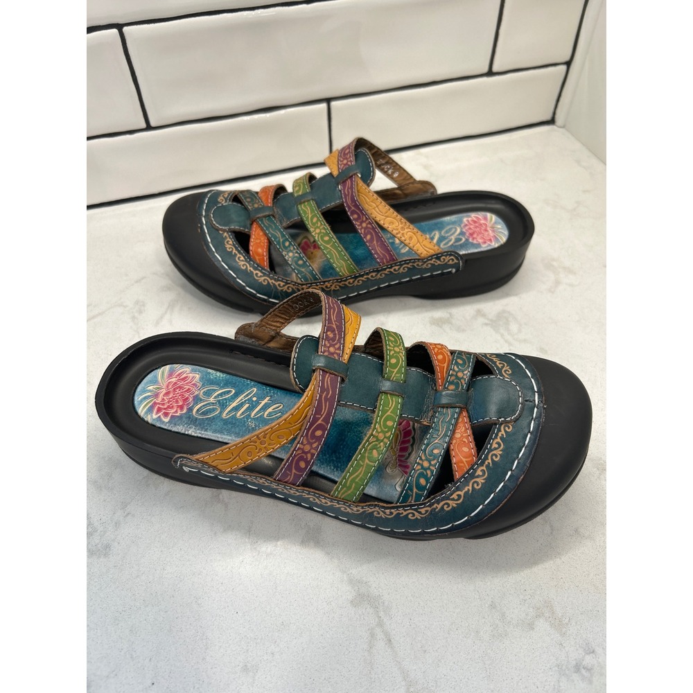 Elite by Corkys Womens Rock Multi Color Embossed Leather Slide Sandals Size 9